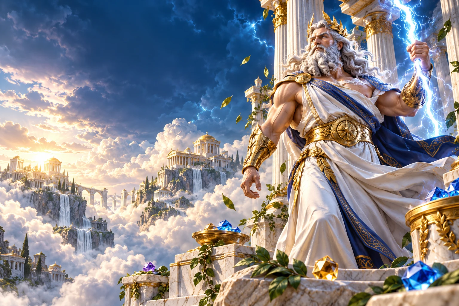 Original Greek mythology artwork with a thunder god above marble columns and clouds