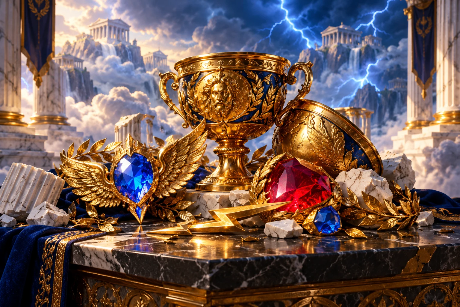 Mythological gems, a winged jewel and gold chalices on a marble altar